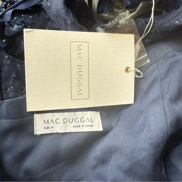 MAC DUGGAL HIGH NECK ABOVE ELBOW SLEEVE EMBELLISHED ALINE NAVY MIDI DRESS 4 - Picture 12 of 14